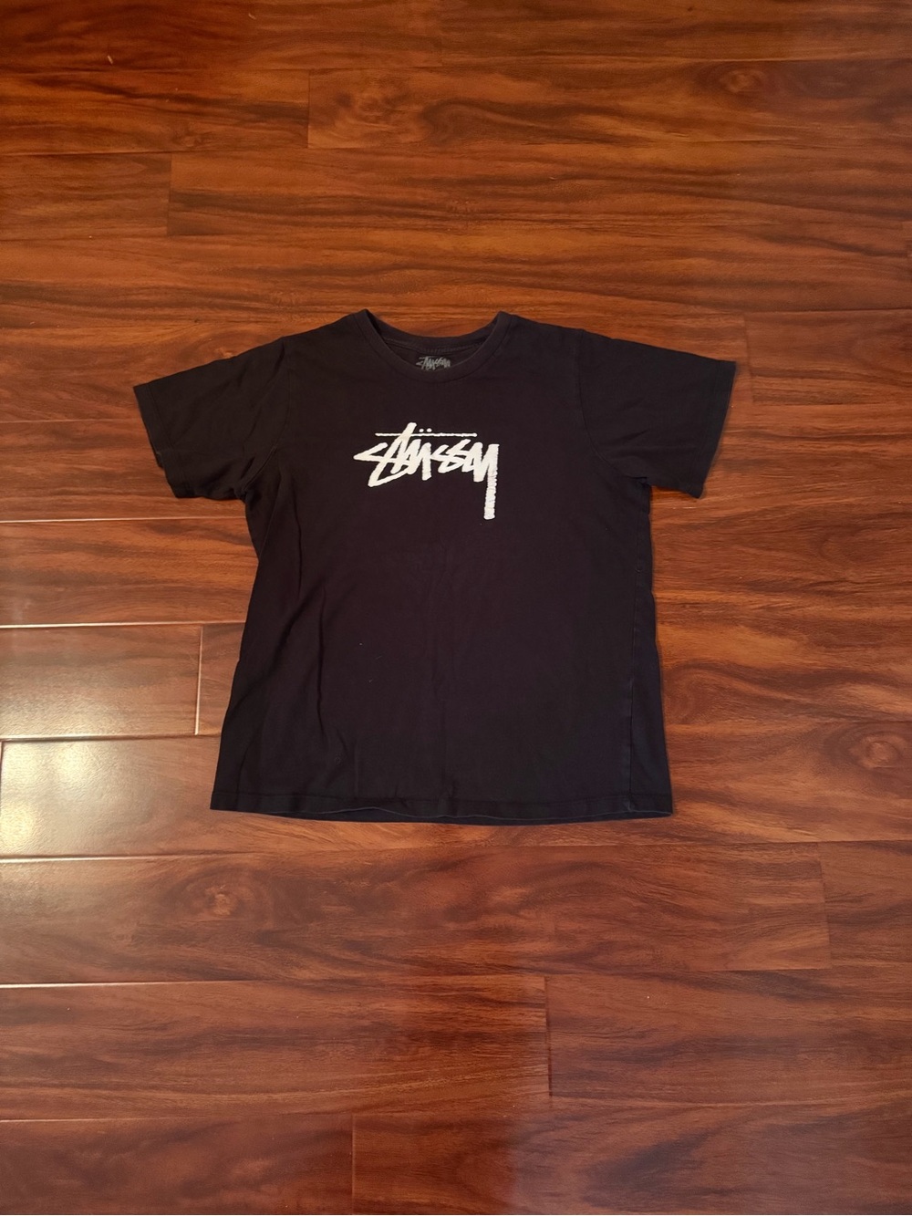 Stussy Black Tee with White Script Logo